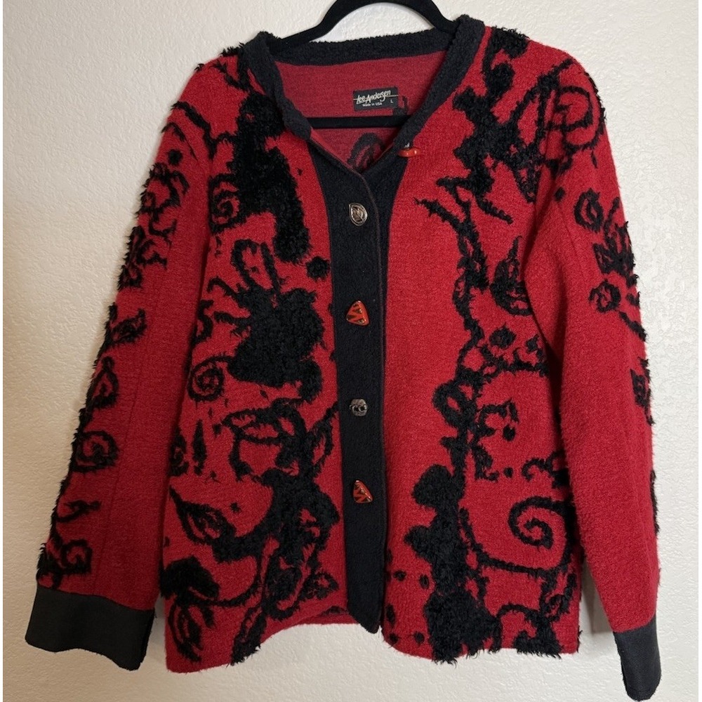 Lee Andersen Womens L Cardigan Jacket Red Black Fuzzy Floral Art Wear USA Chic